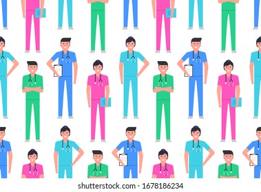 Seamless pattern with group doctors. isolated on white background