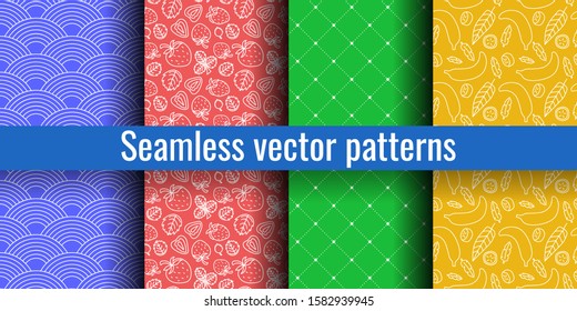 Seamless pattern group. Fashion print. Waves, strawberries, bananas, upholstery. Design elements for textiles or clothes. Hand drawn doodle cute wallpaper