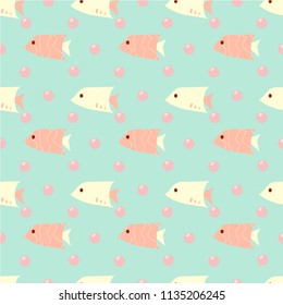 Seamless pattern group of fish under the sea with pink bubbles 