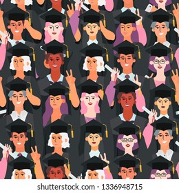 Seamless pattern with a group of graduates wearing academic dress, gown and graduation cap and holding their diploma. Vector illustration that can be used for wrapping, textile, wallpaper, fabric.