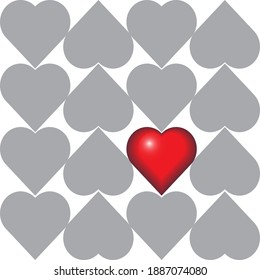 Patrón sin brillo de un grupo de corazones grises y un corazón volumétrico de color. Antecedentes del Día de San Valentín.