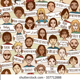 Seamless pattern of a group of hand drawn people holding "welcome" signs in different languages