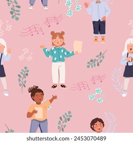 Seamless pattern with a group of happy singing children. Cute children of different races singing a song together. Preschool children singing in a choir. 