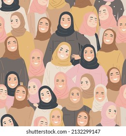 seamless pattern group of hijab girl muslim character. crowd people in trendy modest outfit