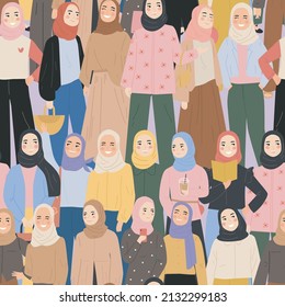 seamless pattern group of hijab girl muslim character. crowd people in trendy modest outfit