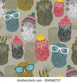 Seamless pattern with group of owls for hipster background. Vintage vector illustration.