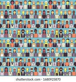 Seamless pattern with a group of people, men and women, young and old, Asians, Africans, Europeans, Americans, Indians.