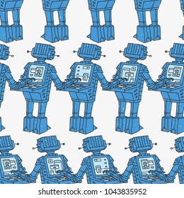 Seamless Pattern Group of Robots and Personal Computer Vector Illustration