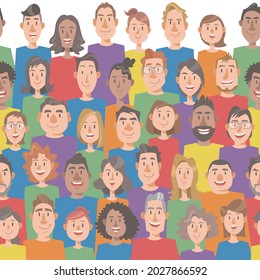 Seamless pattern with group of smiling people. Concept of diversity, inclusion, rainbow, global, pride. Vector illustration in flat cartoon style.