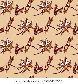 seamless pattern of group of spices star anise decorative brown beige vector