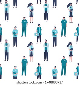 Seamless pattern with group of various medical staff. Doctors,nurse and surgeon. Male and female characters in trendy style. Medicine texture background template. Flat vector illustration