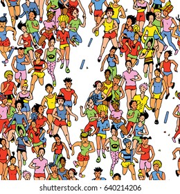 Seamless Pattern with Group of Women Marathon Runner.