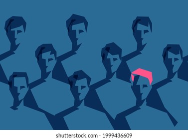 Seamless pattern of a group of young men where one man differs from others by hair color