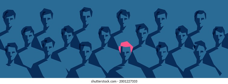 Seamless pattern of a group of young men where one of them stands out from the others by pink hair color