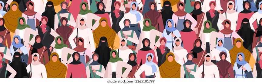 Seamless pattern group young Muslim women standing together in different traditional stylish outfit. International women's day, hijab day.