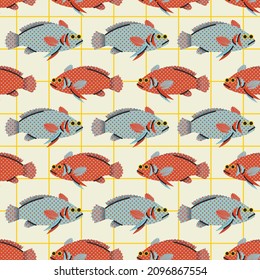 Seamless pattern with groupers on light background. Stylish illustration, background, wrapping paper of fresh fish in a cartoon flat style.