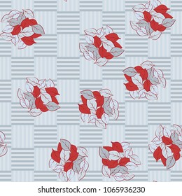 Seamless pattern. Groups of colored leaves on a checkered striped background.
Fashionable wallpaper. Texture for design works. Pleasant background.