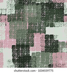Seamless pattern from groups containing 16 rounded squares. Multicolored spots of checkered shape. Fashionable grunge camouflage.