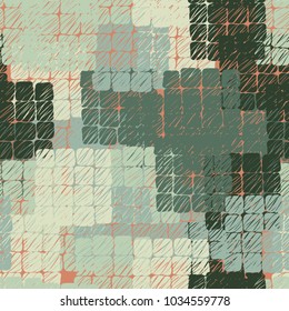 Seamless pattern from groups containing 16 rounded squares. Multicolored spots of checkered shape. Fashionable grunge camouflage.