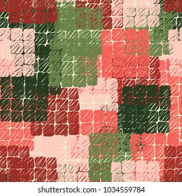 Seamless pattern from groups containing 16 rounded squares. Multicolored spots of checkered shape. Fashionable grunge camouflage.