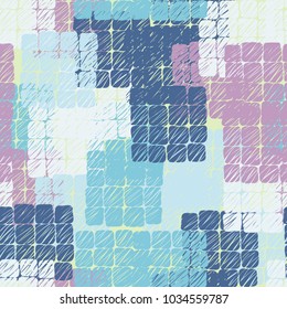 Seamless pattern from groups containing 16 rounded squares. Multicolored spots of checkered shape. Fashionable grunge camouflage.