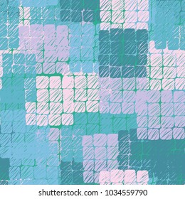 Seamless pattern from groups containing 16 rounded squares. Multicolored spots of checkered shape. Fashionable grunge camouflage.
