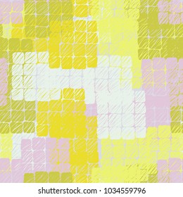 Seamless pattern from groups containing 16 rounded squares. Multicolored spots of checkered shape. Fashionable grunge camouflage.
