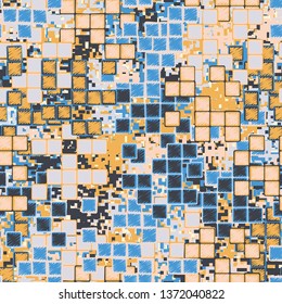 Seamless pattern. Groups of uneven shaded squares are randomly located against the background of pixel camouflage. Fashionable texture. Funny colors. Editable.