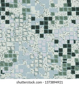 Seamless pattern. Groups of uneven shaded squares are randomly located against a placer of fine spots. Fashionable camouflage. Funny colors. Editable.