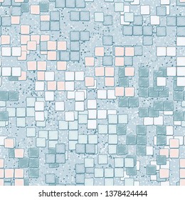 Seamless pattern. Groups of uneven shaded squares are randomly located against a placer of fine spots. Fashionable camouflage. Funny colors. Editable.