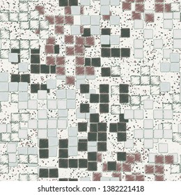 Seamless pattern. Groups of uneven shaded squares are randomly located against a placer of fine spots. Fashionable camouflage. Funny colors. Editable.