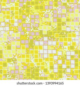 Seamless pattern. Groups of uneven shaded squares are randomly located against the background of pixel camouflage. Fashionable texture. Funny colors. Editable.