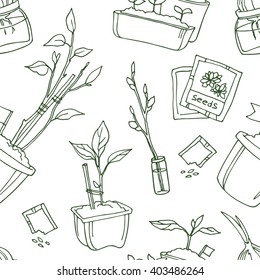 Seamless pattern  with growing plants, sprouts, seeds, pots. Line drawings of plants and twigs in sketch style on white background.