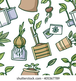 Seamless pattern  with growing plants, sprouts, seeds, pots. Simple colored doodle plants and twigs on a white background.