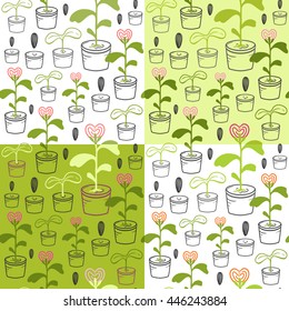 Seamless pattern with a growing sprout from a seed to a heart-shaped flower