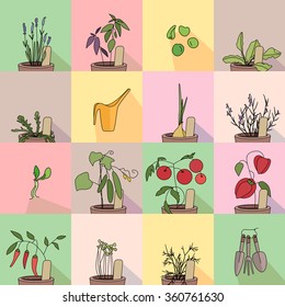 Seamless pattern with growing vegetables in pots. Endless texture for your design, greeting cards, announcements, posters.