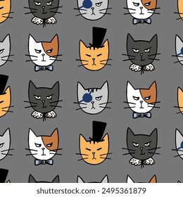 Seamless pattern of grumpy cats wearing top hat, bow tie; ruff and eye patch on gray background. Cartoon-style repeat illustration of fun angry cat portraits.