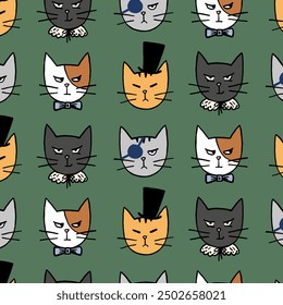 Seamless pattern of grumpy cats wearing top hat, bow tie; ruff and eye patch on bottle green background. Cartoon-style repeat illustration of fun angry cat portraits.