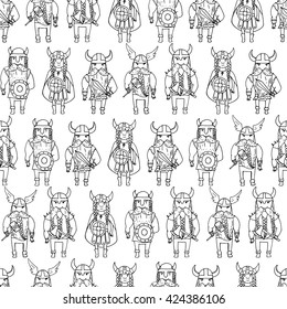 Seamless pattern with grumpy dangerous vikings. Vector illustration