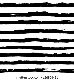 Seamless pattern with grunge black ink horizontal hand drawn stripes, lines. Abstract monochrome black and white background in minimalistic naive scribble style. Vector illustration.