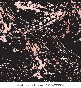 Seamless pattern - grunge brush strokes in pastel gold rose pink on black background. Creative modern background: glossy splashes, copper smudge paint texture. Vector illustration for luxury design