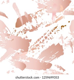 Seamless Pattern - Grunge Brush Strokes In Pastel Gold Rose Pink On White Background. Creative Modern Background: Glossy Splashes, Copper Smudge Paint Texture. Vector Illustration For Luxury Design