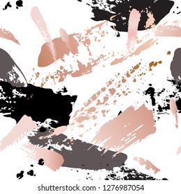 Seamless pattern - grunge brush strokes in pastel gold rose pink, grey and black on white background. Creative modern background: glossy splashes, copper smudge paint texture. Vector illustration