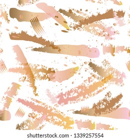 Seamless pattern - grunge brush strokes in pastel gold rose pink on white background. Abstract background with hand drawn textures, memphis style. Creative modern background: glossy splashes.