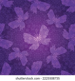 Seamless pattern with grunge butterflies and  lace mandala on a dark purple background. Vector eps 10