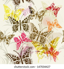Seamless pattern with grunge butterfly on grunge background 