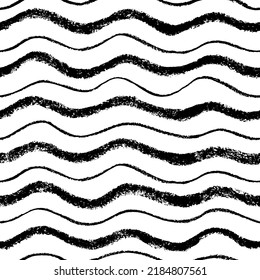 Seamless pattern with grunge charcoal waves. Black curved thin and bold lines ornament. Abstract background with wavy brush strokes. Black and white simple texture. Ornament for wrapping paper.