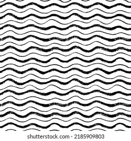 Patrón sin foco con ondas de carbón grunge. Ornamento de líneas delgadas y negrita curvadas en negro. Fondo abstracto con pinceladas onduladas. Textura simple en blanco y negro. Ornamento para envolver papel.