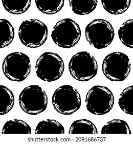 Seamless pattern with grunge circles. Geometric graphic design element. Black white hand painted brush stroke texture. Hand drawn round shapes background. Vector illustration