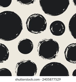 Seamless pattern with grunge circles. Hand drawn round shapes background. Black white brush stroke texture. Geometric graphic design element. Scrapbook wallpaper. Vector illustration